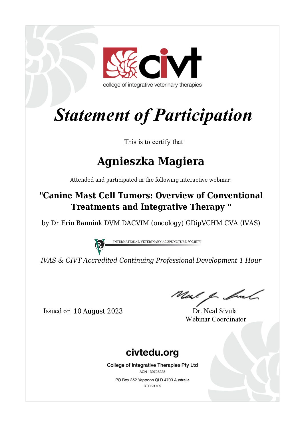 Webinar Certificate - Canine Mast Cell Tumors Overview of Conventional Treatments and Integrative Therapy Agnieszka Magiera 391711210